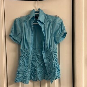 Blue Short Sleeve Button-Up Top